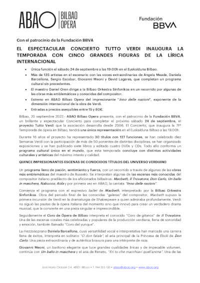 El espectacular concierto Tutto Verdi inaugura la temporada 2022 – 2023 de ABAO Bilbao Opera