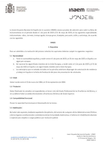 Convocatoria de Pruebas de Admisión 2022 de la Joven Orquesta Nacional de España (JONDE)