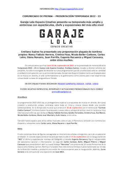 Garaje Lola Espacio Creativo presenta su temporada más amplia y ambiciosa Garaje Lola Espacio Creativo presenta su temporada más amplia y ambiciosa