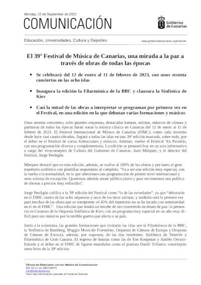 El 39º Festival de Música de Canarias, una mirada a la paz a través de obras de todas las épocas