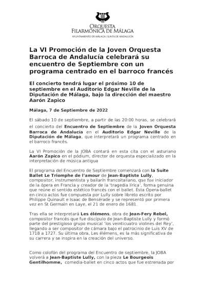 La VI Promoción de la Joven Orquesta Barroca de Andalucía celebrará su encuentro de septiembre