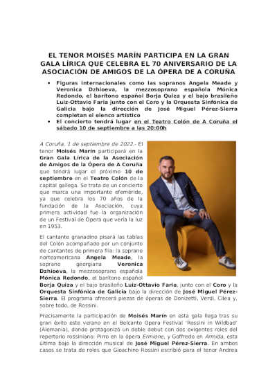 El tenor Moisés Marín en el 70 aniversario de la Asociación de Amigos de la Ópera de A Coruña
