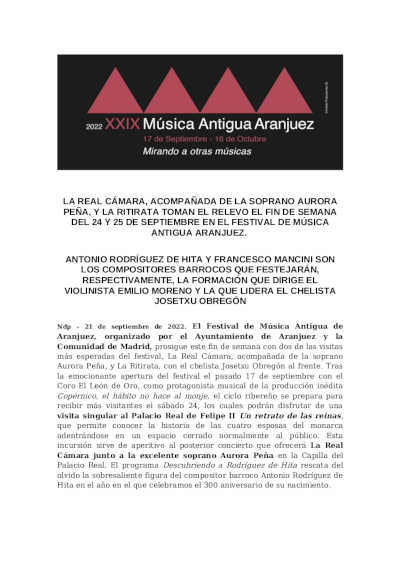 La Real Cámara y La Ritirata toman el relevo este fin de semana en el XXIX Festival Música Antigua de Aranjuez
