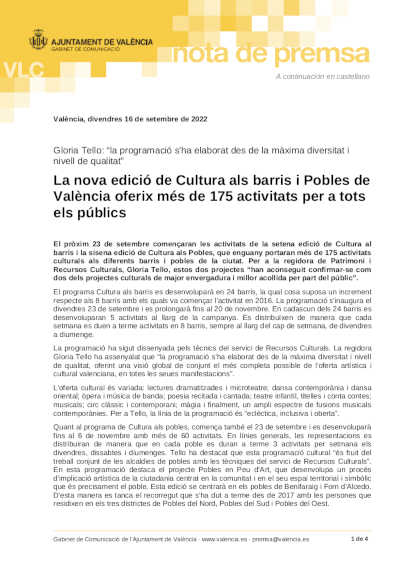 La nueva edición de Cultura als barris i Pobles de València ofrece más de 175 actividades para todos los públicos