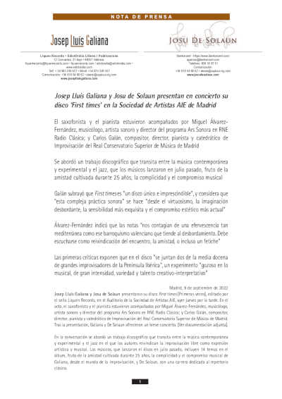 Josep Lluís Galiana & Josu de Solaun presentan su disco «First times» en la Sociedad de Artistas AIE