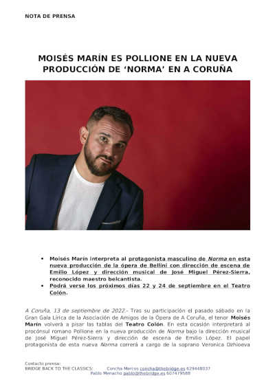 El tenor Moisés Marín es Pollione en la nueva producción de «Norma»