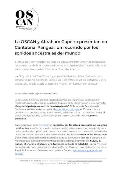 La OSCAN y Abraham Cupeiro presentan en Cantabria «Pangea», un recorrido por los sonidos ancestrales del mundo