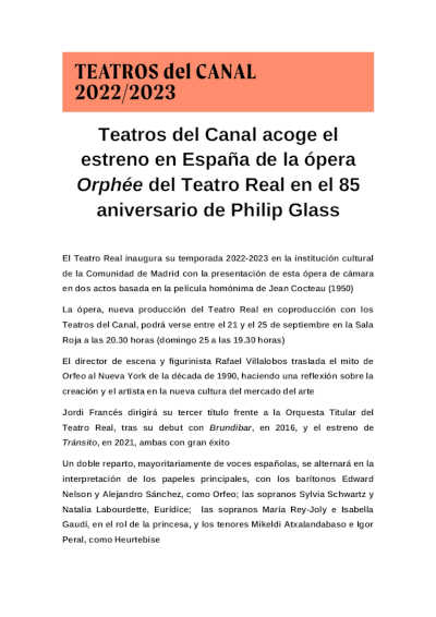 Teatros del Canal acoge el estreno en España de la ópera Orphée del Teatro Real en el 85 aniversario de Philip Glass