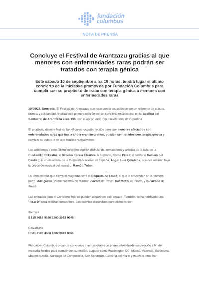 Concluye el Festival de Arantzazu gracias al que menores con enfermedades raras podrán ser tratados con terapia génica