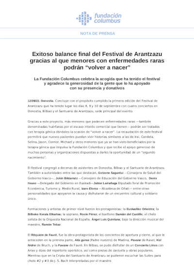 Exitoso balance final del Festival de Arantzazu gracias al que menores con enfermedades raras podrán “volver a nacer”