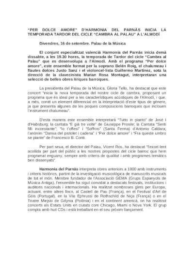 «Per dolce amore» de Harmonia del Parnàs inicia la temporada del ciclo «Cambra al Palau»