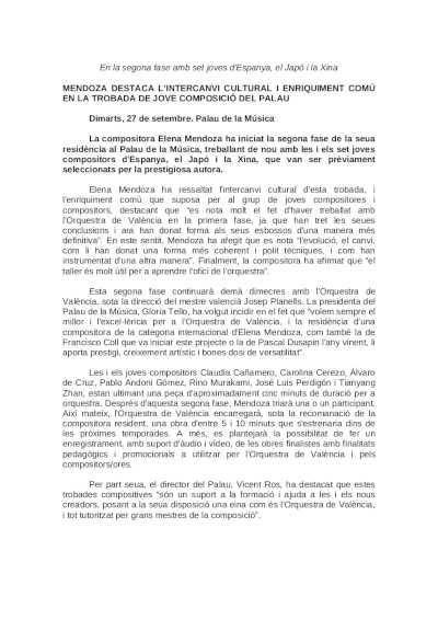 Mendoza destaca el intercambio cultural y enriquecimiento común en el Encuentro de Joven Composición del Palau