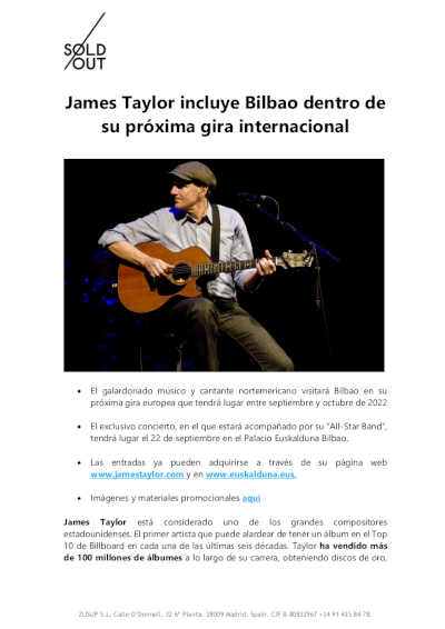 James Taylor incluye Madrid, Barcelona y Bilbao dentro de su próxima gira internacional