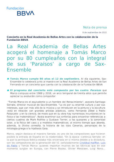 La Real Academia de Bellas Artes acogerá el homenaje a Tomás Marco por su 80 cumpleaños