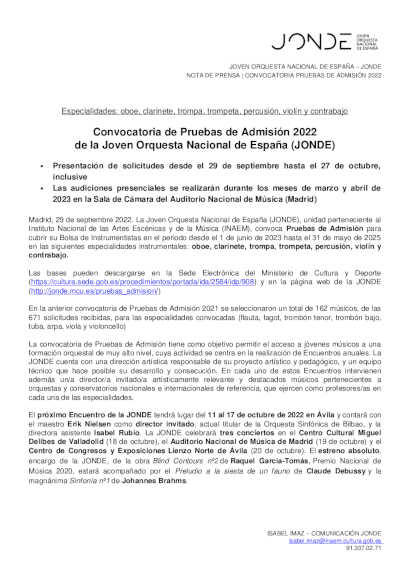Convocatoria de Pruebas de Admisión 2022 de la Joven Orquesta Nacional de España (JONDE)