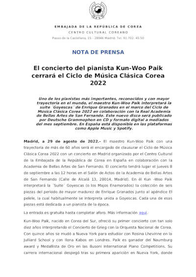El concierto del pianista Kun-Woo Paik cerrará el Ciclo de Música Clásica Corea 2022