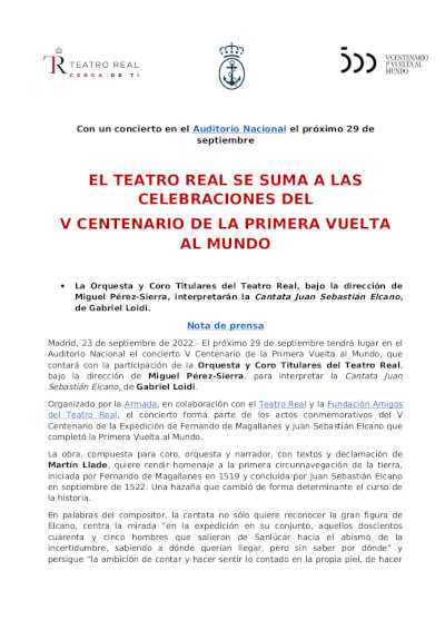 El Teatro Real se suma a las celebraciones del V Centenario de la Primera Vuelta al Mundo
