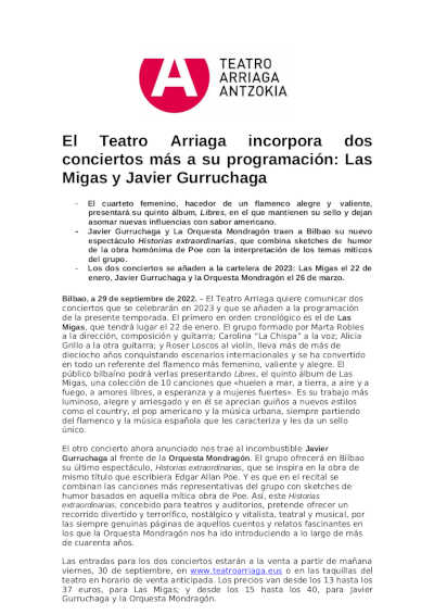 El Teatro Arriaga incorpora dos conciertos más a su programación: Las Migas y Javier Gurruchaga