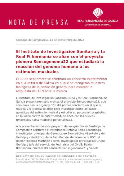 El Instituto de Investigación Sanitaria y la Real Filharmonía se alían con el proyecto pionero Sensogenoma22