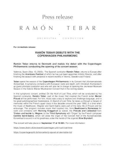 El maestro Ramón Tebar debuta con la Filarmónica de Copenhague en Dinamarca