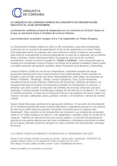 La Orquesta de Córdoba ofrece un concierto gratuito celebrando su 30º aniversario La Orquesta de Córdoba ofrece un concierto gratuito celebrando su 30º aniversario