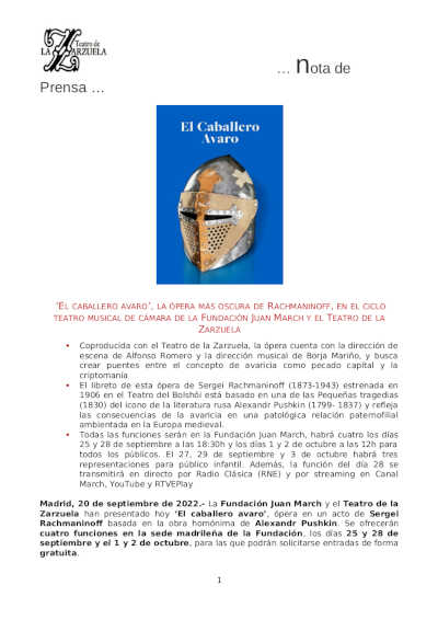 «El caballero avaro», en el ciclo teatro musical de cámara de la Fundación Juan March y el Teatro de la Zarzuela