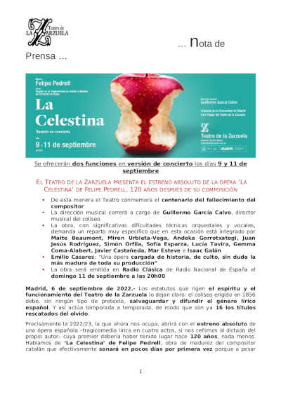 El Teatro de la Zarzuela presenta el estreno absoluto de la ópera «La Celestina» de Felipe Pedrell