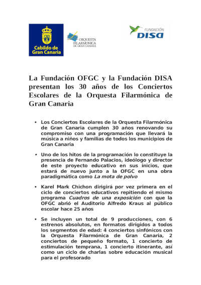 La Fundación OFGC y la Fundación DISA presentan los 30 años de los Conciertos Escolares de la OFGC