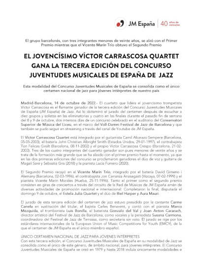 El jovencísimo Víctor Carrascosa Quartet gana la tercera edición del Concurso JME de Jazz