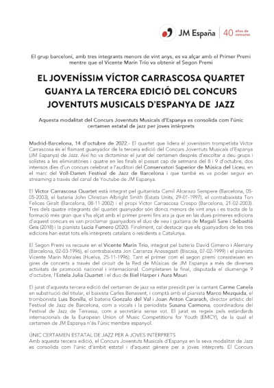 El jovencísimo Víctor Carrascosa Quartet gana la tercera edición del Concurso JME de Jazz