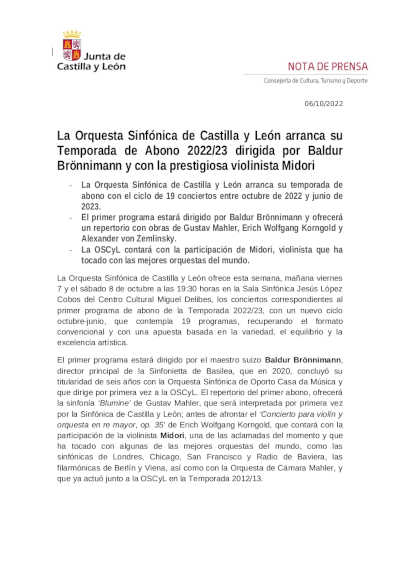 La OSCyL arranca su Temporada de Abono 2022/23 dirigida por Baldur Brönnimann y con la prestigiosa violinista Midori