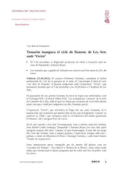Tomatito inaugura el ciclo de flamenco de Les Arts con «Viviré»