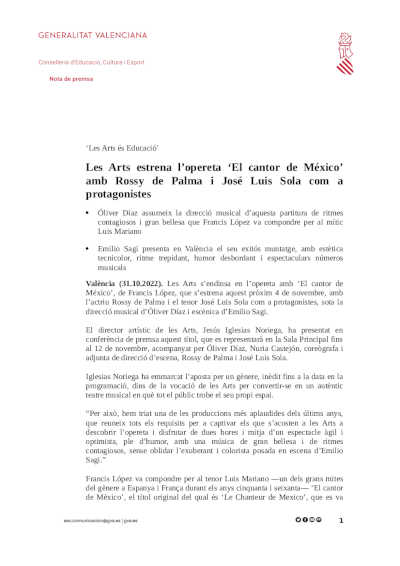 Les Arts estrena la opereta «El cantor de México» con Rossy de Palma y José Luis Sola como protagonistas