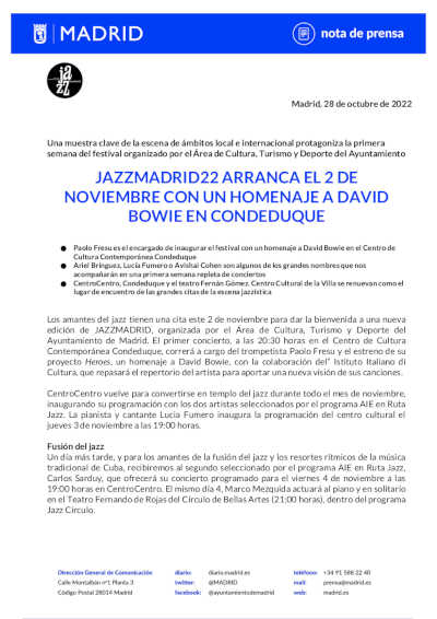 JAZZMADRID22 arranca el 2 de noviembre con un homenaje a David Bowie en Condeduque