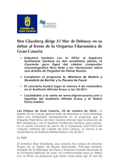 Ben Glassberg dirige El Mar de Debussy en su debut al frente de la Orquesta Filarmónica de Gran Canaria