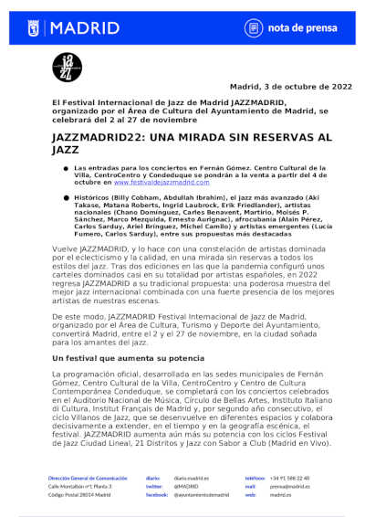 Avance de programación de JAZZMADRID22: Una mirada sin reservas al jazz