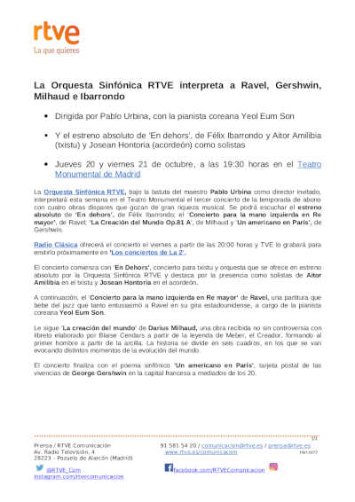 «Concierto para la mano izquierda», de Ravel y «Un americano en París», de Gershwin, con la Orquesta Sinfónica RTVE