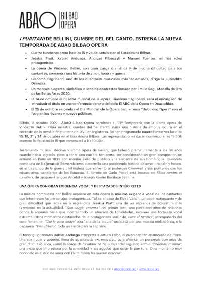 I Puritani de Bellini, obra cumbre del bel canto estrena la nueva Temporada de ABAO Bilbao Opera
