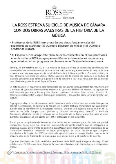 La ROSS estrena su Ciclo de Música de Cámara con dos obras maestras de la historia de la música