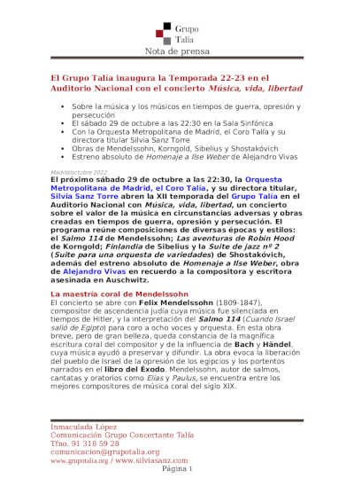 El Grupo Talía inaugura la Temporada 22-23 en el Auditorio Nacional con el concierto Música, vida, libertad