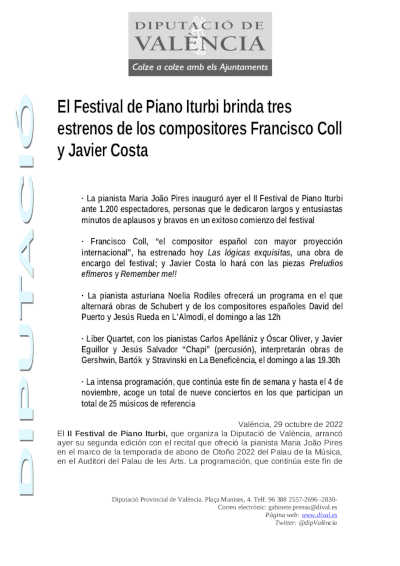 El Festival de Piano Iturbi brinda tres estrenos de los compositores Francisco Coll y Javier Costa
