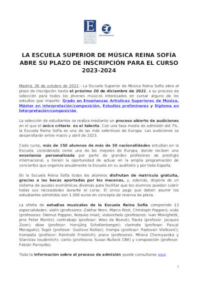 Abierto el plazo de inscripción para el curso 2023/2024 en la Escuela Superior de Música Reina Sofía