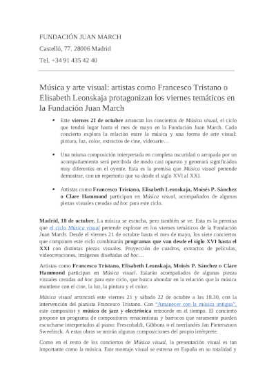 Música y arte visual: artistas como Tristano o Leonskaja protagonizan los viernes temáticos en la Fundación Juan March Música y arte visual: artistas como Tristano o Leonskaja protagonizan los viernes temáticos en la Fundación Juan March