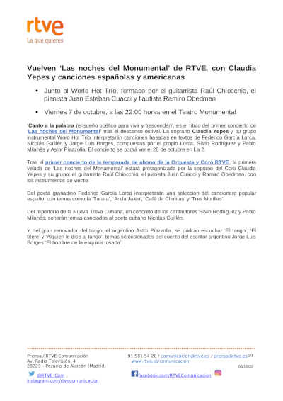 Vuelven «Las noches del Monumental» de RTVE, con Claudia Yepes y canciones españolas y americanas