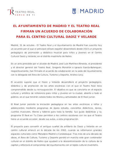 Ayuntamiento de Madrid y Teatro Real firman acuerdo de colaboración para el Centro Cultural Daoíz y Velarde