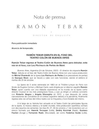 El maestro Ramón Tebar debuta en el foso del Teatro Colón de Buenos Aires