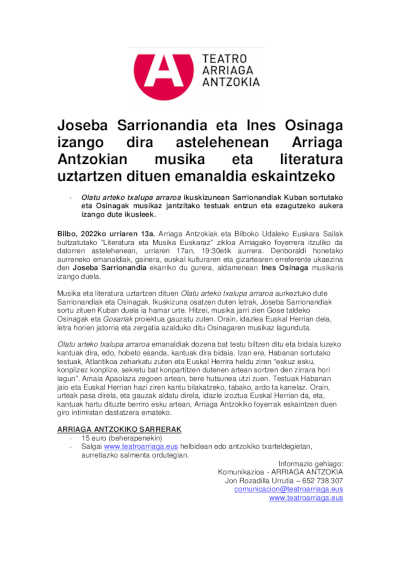 Joseba Sarrionandia e Ines Osinaga ofrecerán un recital de música y literatura el lunes en el Teatro Arriaga