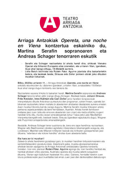 El Teatro Arriaga ofrece el concierto Opereta, una noche en Viena, interpretado por Martina Serafin y Andreas Schager