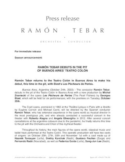 El maestro Ramón Tebar debuta en el foso del Teatro Colón de Buenos Aires
