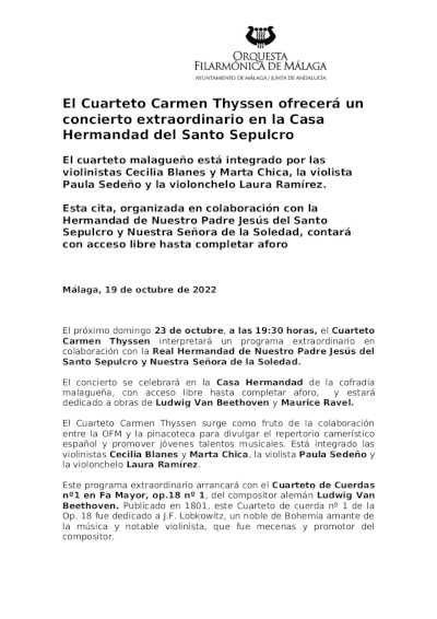 El Cuarteto Carmen Thyssen ofrecerá un concierto extraordinario en la Casa Hermandad del Santo Sepulcro